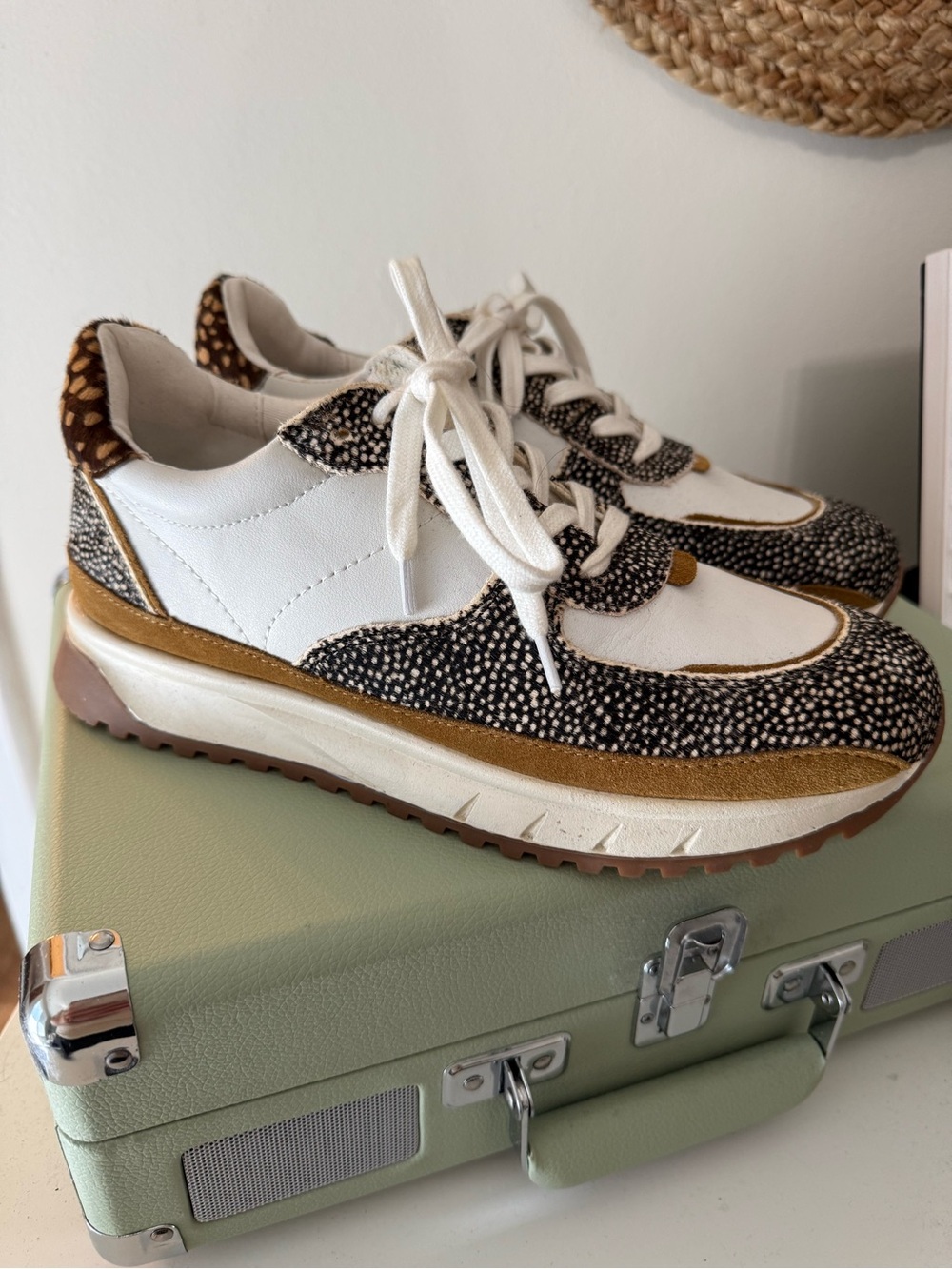 Madewell White and Black Speckled Platform Sneakers with Tan Accents
